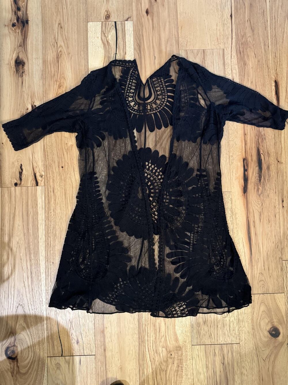 Kimono Cover Up Lacy One Size Black Sheer Embroidered Floral Boho Beach Witchy